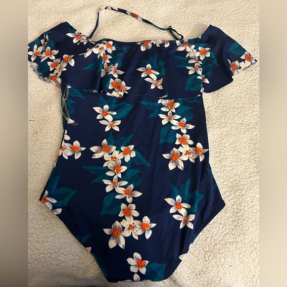 Navy Blue off the shoulder Swimsuit with detach strap and floral design - Picture 3 of 3